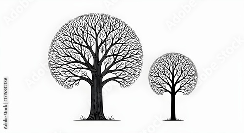 Two stylized bare trees with intricate branches against a white background