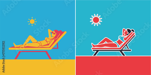 Two Stylized Summer Illustrations of a Woman Sunbathing on a Beach Lounge Chair