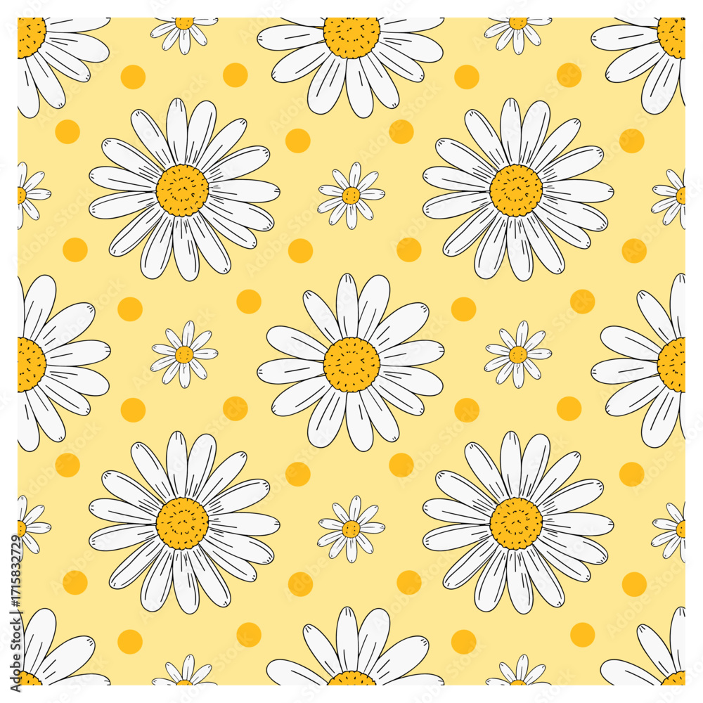 Obraz premium a seamless vector tile of hand‑inked white daisies with stippled ochre centers, scattered miniature blooms and playful polka dots on a warm butter‑yellow ground; layered color flats.