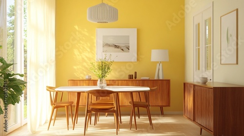 Dining room with wooden furniture yellow walls light fixture and natural light.