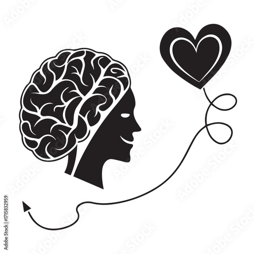 Conceptual illustration of a brain connected to a heart, symbolizing the balance between intellect and emotion, isolated on white background, in a minimalist black and white design