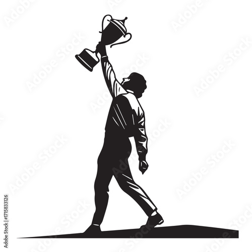 Silhouette of a triumphant man holding a trophy aloft, isolated on white background, symbolizing victory, achievement, and success in sports or competition, captured in a dynamic pose