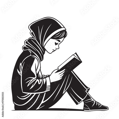 A young girl wearing a hijab is depicted engrossed in reading a book, isolated on white background, showcasing a moment of quiet contemplation and the pursuit of knowledge