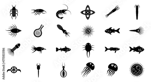 Microscopic Life Icons: Zooplankton, Phytoplankton, Copepod, Krill, Diatom Set