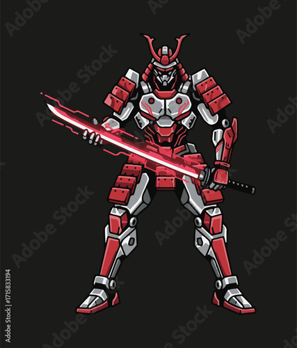 Futuristic Samurai Mecha Vector T-Shirt, Cyberpunk Robotic Warrior Tee