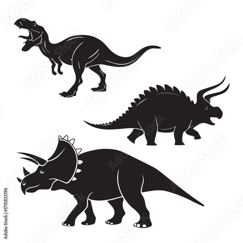 Silhouette of various dinosaurs, including tyrannosaurus rex and triceratops, isolated on white background, showcasing prehistoric creatures in a dynamic and engaging composition