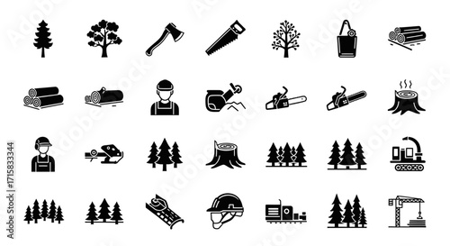 Clean Line Art Icons for Forestry and Lumber Production