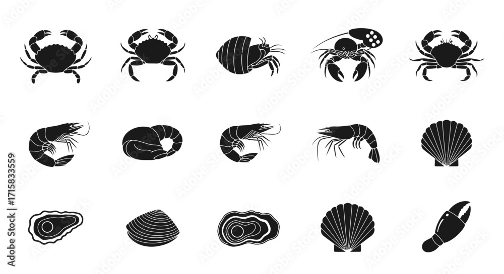 Fototapeta premium Crustaceans and Shellfish Silhouettes: Blue Crab, Lobster, Oyster Set