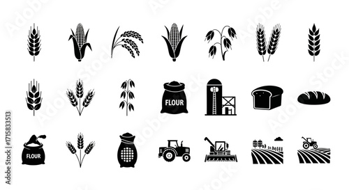 Minimalist Flat Icons of Diverse Grain Crops and Related Elements
