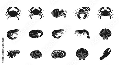 Crustaceans and Shellfish Silhouettes: Blue Crab, Lobster, Oyster Set