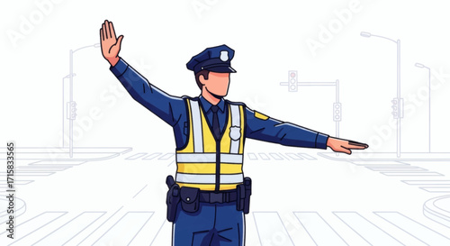 A traffic police officer in uniform and a reflective vest uses hand signals to direct cars at a city intersection.