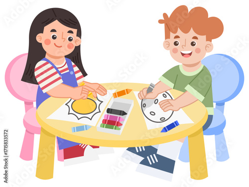 Illustration of children happily coloring at the desk