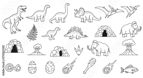 Detailed Line Art Silhouettes of Prehistoric Animals and Ancient Era Elements