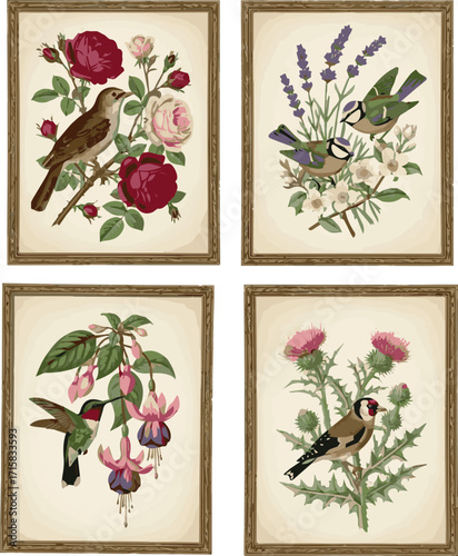 Create Set of birds and flowers victor art on white Background