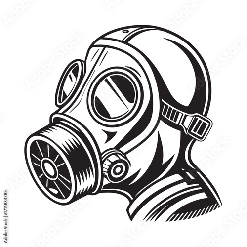 Detailed monochrome illustration of a gas mask, isolated on white background, symbolizing protection and safety, with intricate details highlighting its design and functionality
