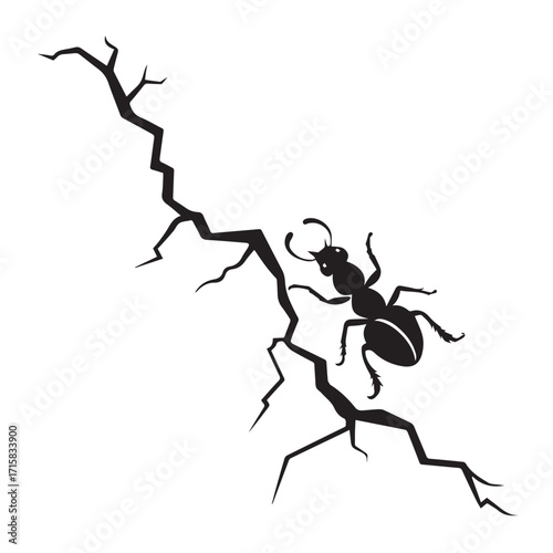 Illustration of a black ant crawling on a crack isolated on white background, depicting an insect navigating a fissure in the ground or a surface