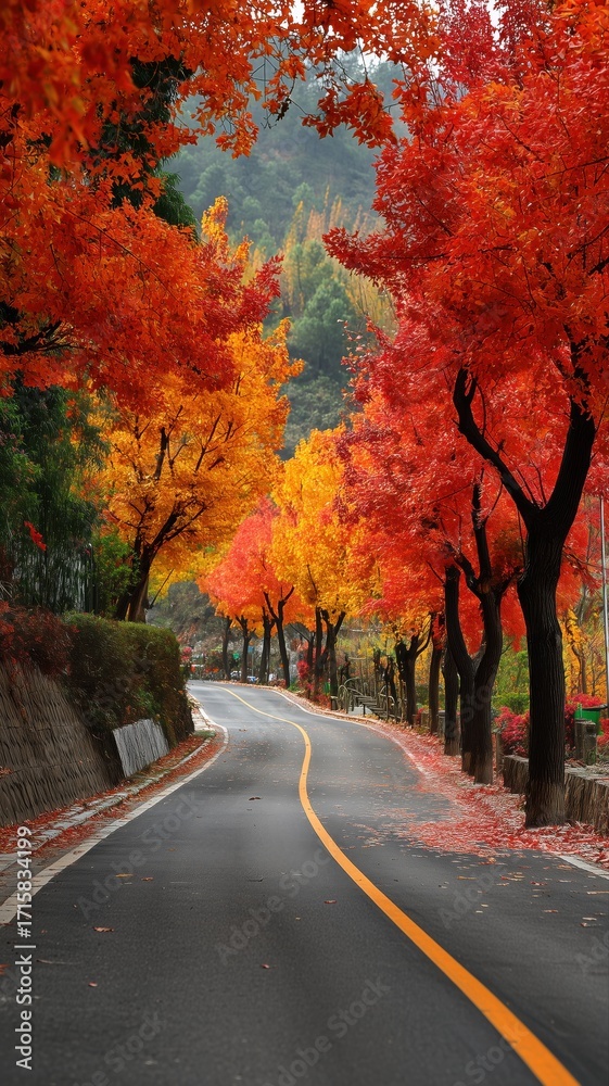 Obraz premium 鮮やかな紅葉に彩られた曲がりくねった道路。秋の風景や旅行案内に最適な自然景観