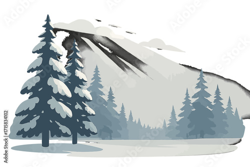 Serene winter forest scene with snow-covered pine trees and gentle mist