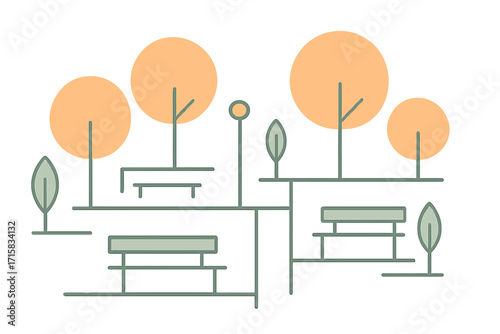 Serene park at dusk with abstract tree and bench design