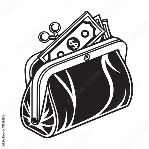 Illustration of a purse with money isolated on white background, symbolizing wealth, finance, and economic prosperity, representing the concept of savings and financial security