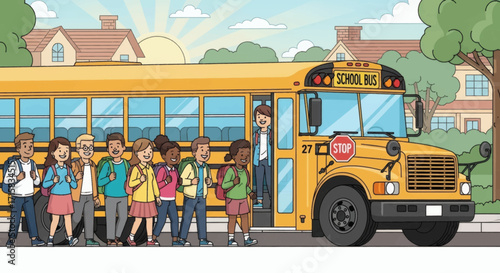 Cartoon school bus driving on a winding country road