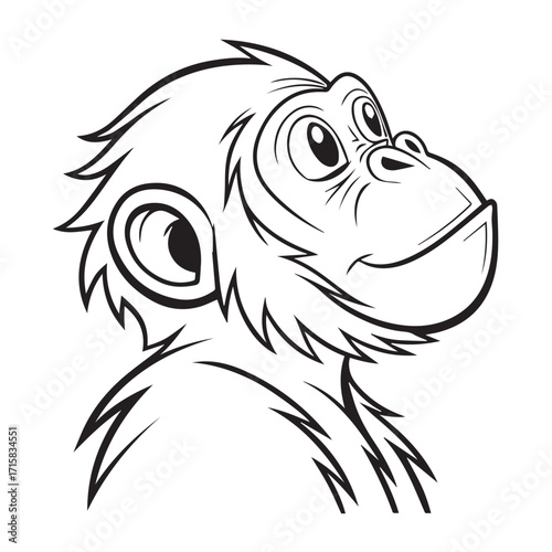 Cartoon illustration of a cute chimpanzee head with a curious expression, isolated on white background the artwork features detailed line work and expressive eyes, capturing the animals charm