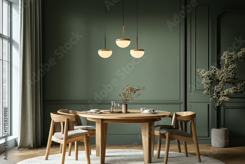 Dining room with wooden table chairs pendant lights green wall and potted plant.