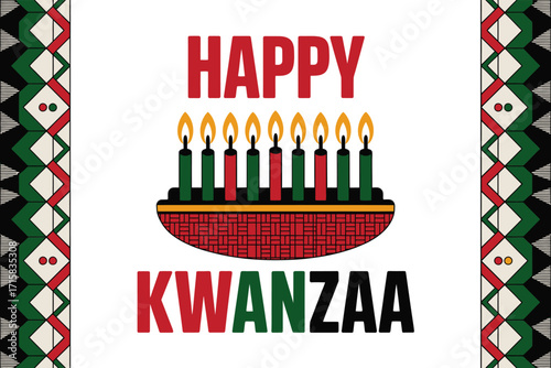 Happy Kwanzaa template, vertical patterned borders, red and green palette, kinara bowl, friendly lettering, versatile holiday card vector