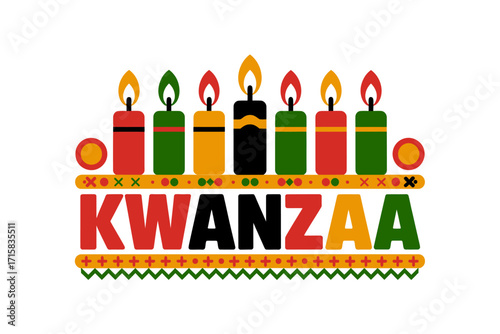 Bold Kwanzaa word art, white background, playful icons above candles, kinara centerpiece, bright palette, joyful seasonal celebration vector