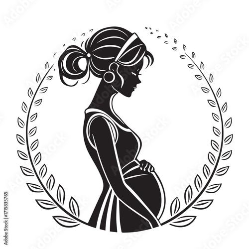 Silhouette of a pregnant woman in a laurel wreath isolated on white background, symbolizing motherhood, fertility, and the beauty of new life in a classic, elegant style