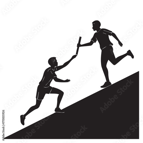 A relay race exchange isolated on white background depicts two silhouetted runners, one passing the baton to the other on an upward slope, symbolizing teamwork, transition, and athletic competition