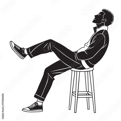 Illustration of a man sitting on a stool isolated on white background, showcasing a relaxed posture, possibly representing contemplation, leisure, or a moment of rest