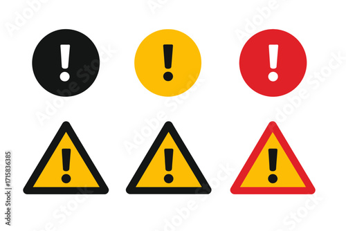 Illustration of warning signs in circles and triangles with exclamation points in black yellow and red colors