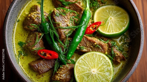 Beef green curry with sliced lime and green chilies close up