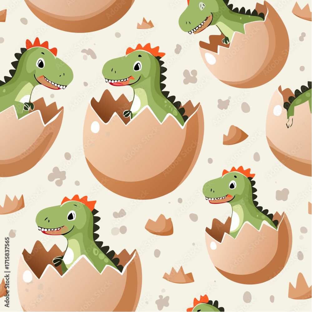 Obraz premium Fun seamless pastel dinosaur egg pattern with baby dinos hatching on cream background. Cute cartoon vector design ideal for nursery wallpapers, fabrics, and kids’ playful decor.