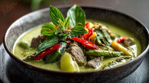 Beef green curry with chili peppers and lime garnish on table