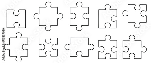 Assortment of Jigsaw Puzzle Pieces Various Shapes and Designs in Black and White Outline