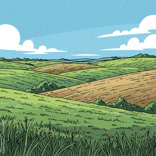 Create Vector sketch Green grass field on small hills. Meadow, alkali, lye, grassland, pommel, lea, pasturage, farm. Rural scenery landscape panorama of countryside pastures. illustration