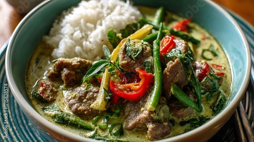 Beef green curry served hot with coconut milk swirls