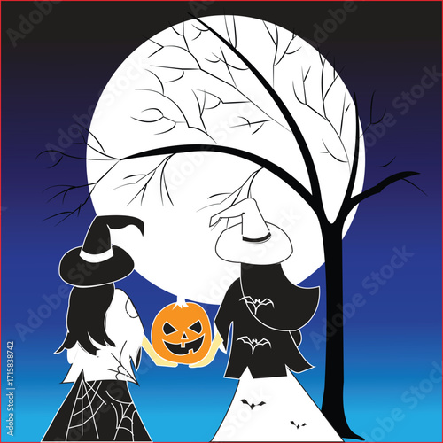 “Two Witches Holding Jack O Lantern Under Full Moon – Halloween Art”