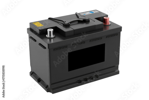 A 3D render of a black car battery with terminals and labels, isolated on a transparent background. background removed