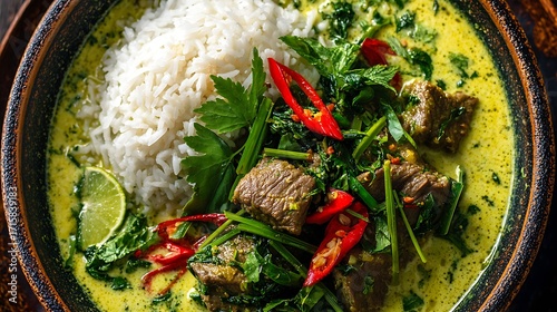 Spicy beef green curry with fresh herbs and coconut milk