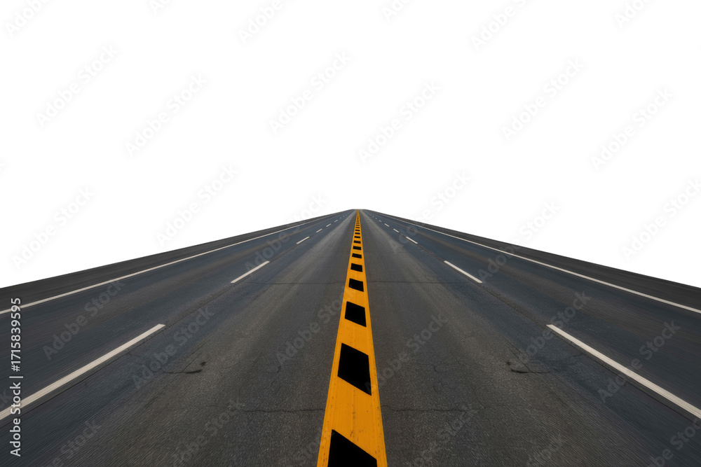 Fototapeta premium Asphalt road with yellow and black stripes vanishing into a transparent background. background removed