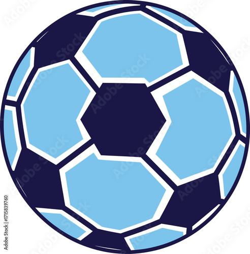 A stylized illustration of a soccer ball with light blue and dark blue hexagonal and pentagonal panels.