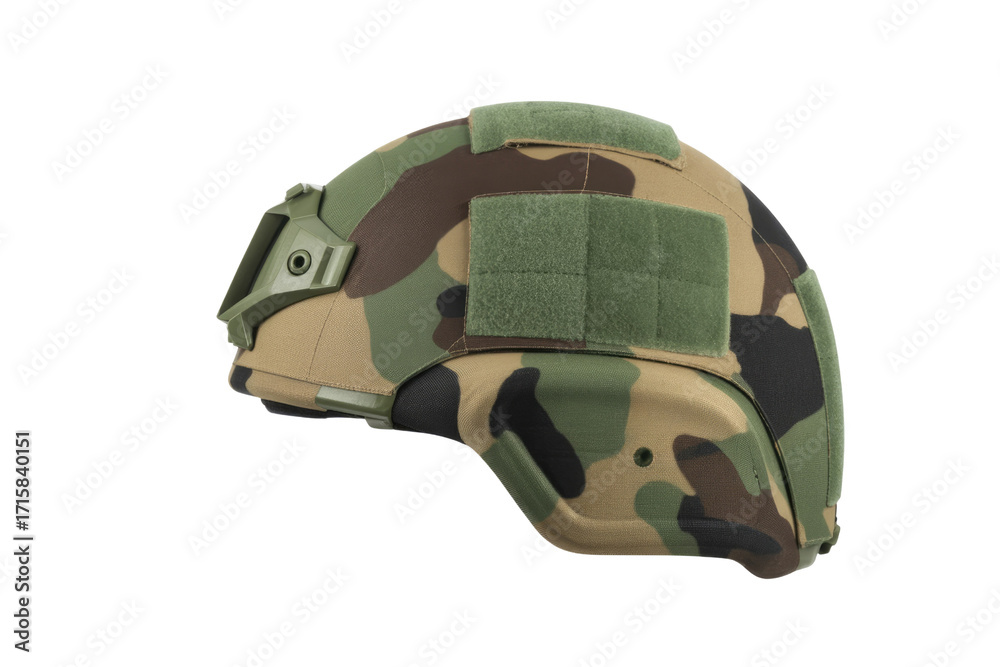 Fototapeta premium Camouflage military helmet with side view, showing tactical accessories and design details. background removed
