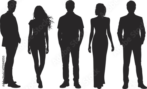 Silhouette people group standing, walking, casual and formal dress, male and female figures, vector design illustration, cad drawing flat vector illustration