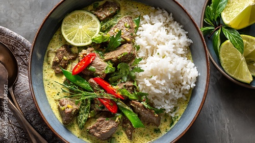 Beef green curry with lime wedges and fresh herbs overhead view
