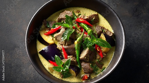 Bowl of beef green curry with eggplants and green chilies