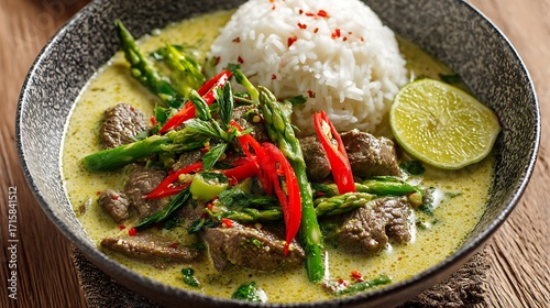Aromatic beef green curry with coconut milk and fresh chili