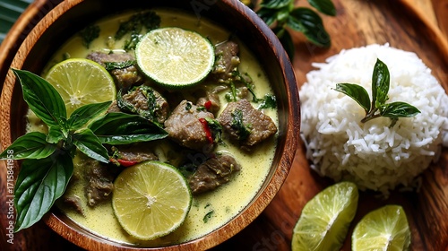 Beef green curry served hot with lime slices and basil leaves